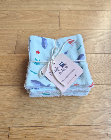 Lot de 7 lingettes lavables en coton biologique de la collection Mer.