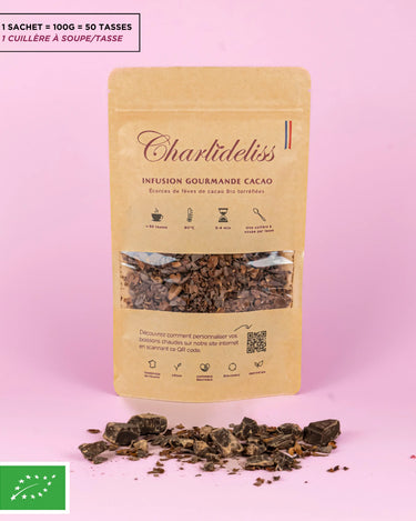 1 sachet de la meilleure tisane anti-stress sous forme d'écorces de fèves de cacao torréfiées à infuser dans une tasse d'eau