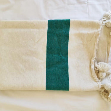 Green and white single stripe pompom blanket