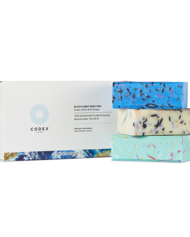 Blue Planet Soap Trio box with three bars of soap stacked on top of one another next to its packaging.