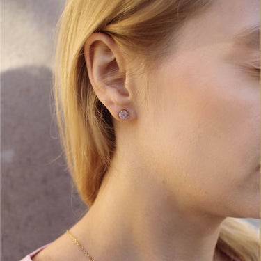 Small Gold Stud Earrings with Pink Rodingite Stone
