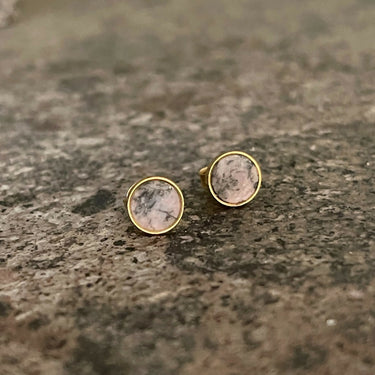 Small Gold Stud Earrings with Pink Rodingite Stone